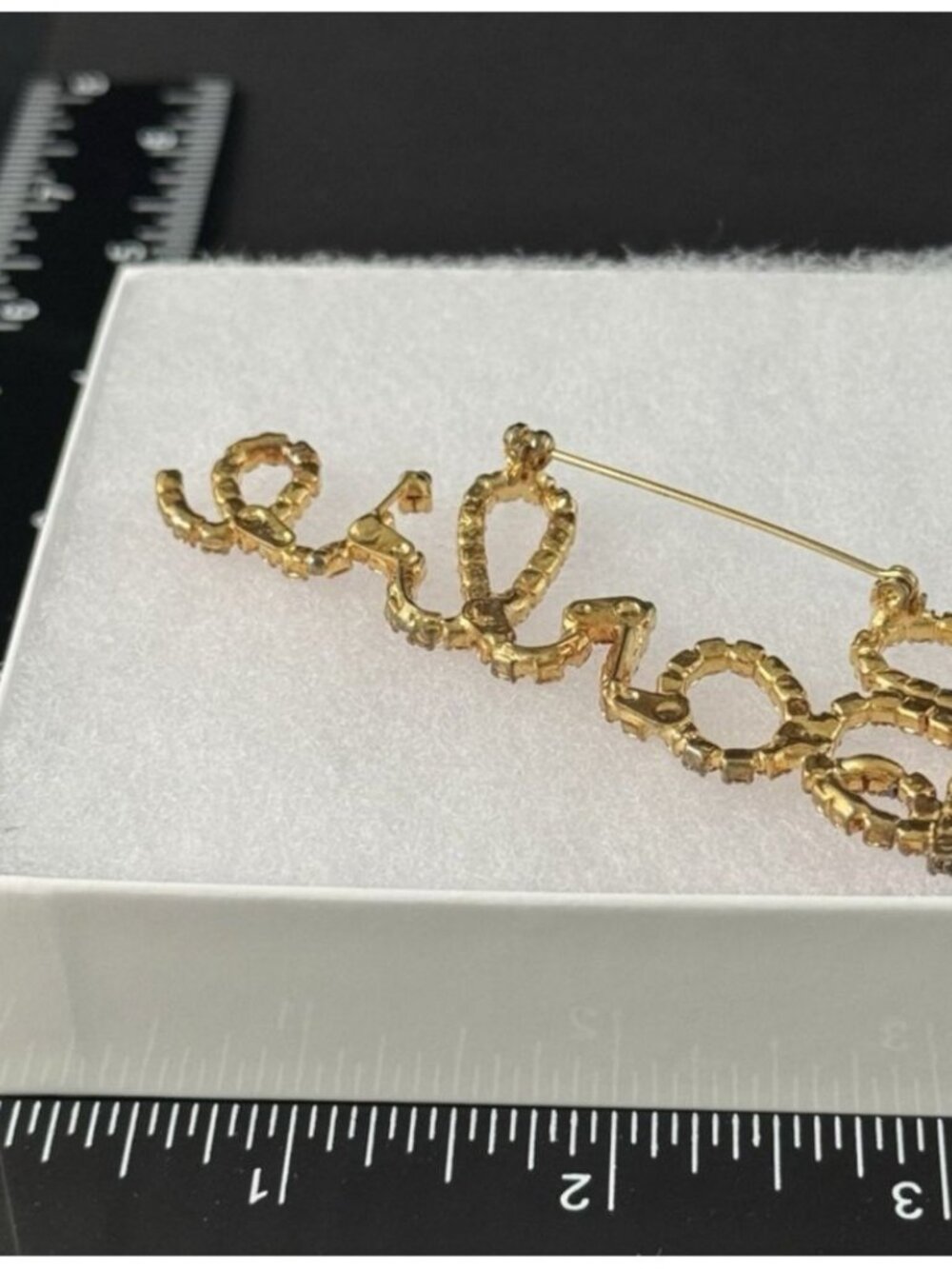Barbie Script Rhinestone Logo Brooch Pin Pink Crystal Gold-Tone 3-1/4 inches - Picture 5 of 11